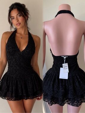 Black Lace Halter Mini Dress